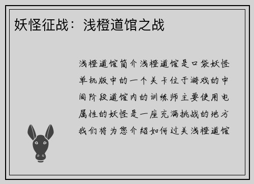 妖怪征战：浅橙道馆之战