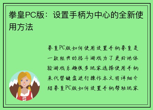 拳皇PC版：设置手柄为中心的全新使用方法